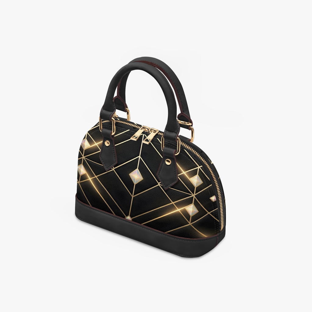 Black Art Deco Dome Handbag with Gold Geometric Design-AURA REGALIA 
