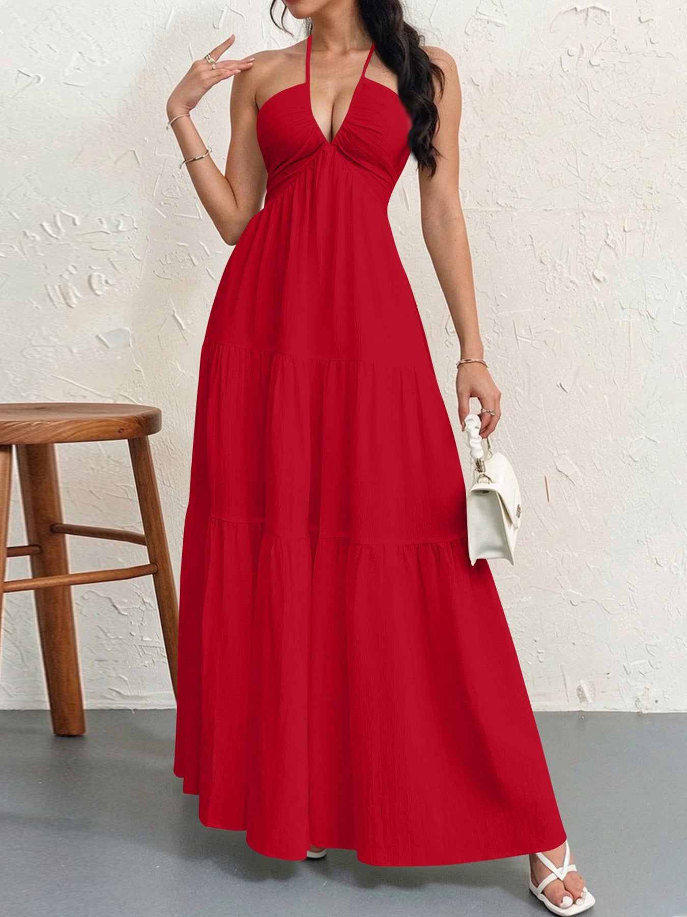 Backless Halterneck V-Neck Pleated A- Line Dress Women's Clothing One-Piece Dress Ankle-length Skirt For Beach Vacation Outfits-AURA REGALIA 
