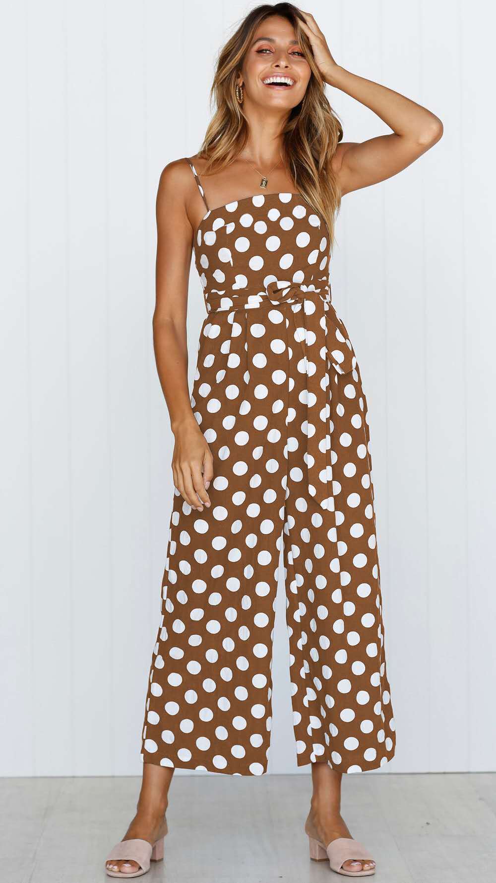 Sleeveless strapless polka dot long jumpsuit-AURA REGALIA 
