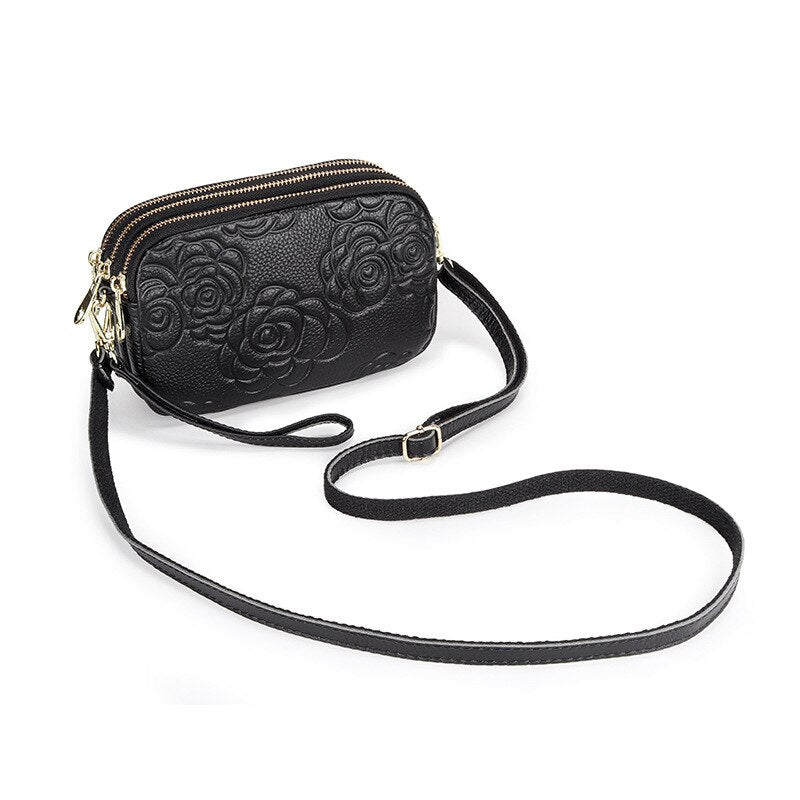Trend Camellia Genuine Leather Messenger Bag Woman Crossbody Bag Cell Phone Bag Luxury Handbags Women Bags Designer Shoulder Bag-AURA REGALIA 