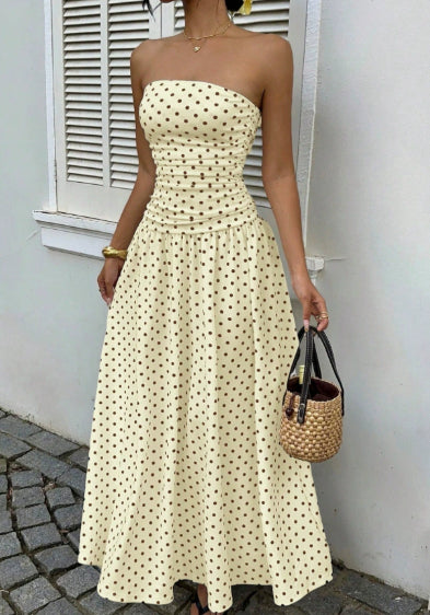 Elegant Polka-dot Off-shoulder Dresses Solid Color Strapless Lady High-waist Robe Commuting Party Business Beach Holiday Outfit-AURA REGALIA 