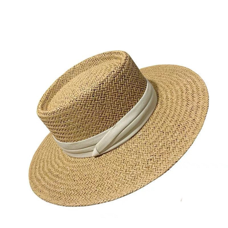 Summer Hat Flat Straw Hat Female Raffia Straw Hat Beach Vacation Sun Shade Sun Hat Fisherman Hat Net Red-AURA REGALIA 