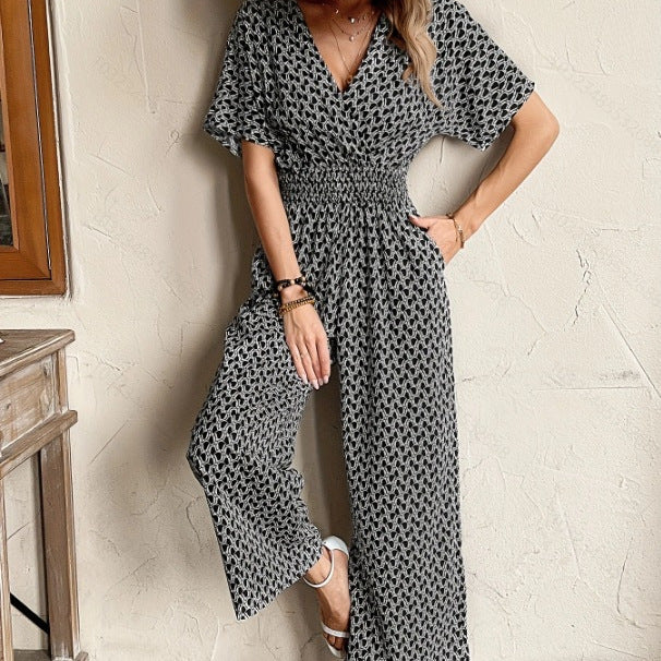 European And American Summer Solid-color Short-sleeve Pants With A V-neck-AURA REGALIA 