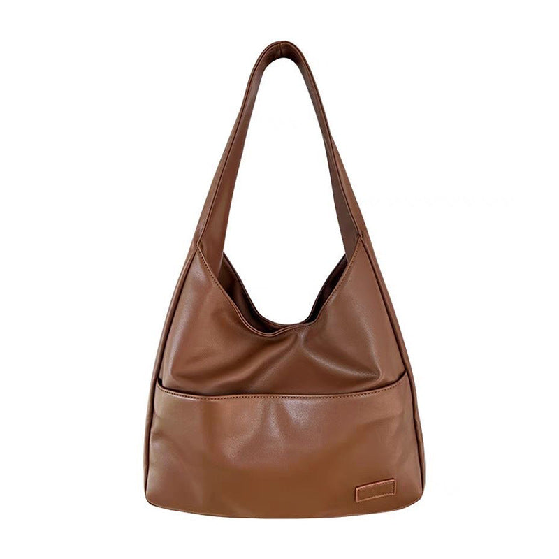 Soft leather tote bag Large capacity brown bucket bag Versatile commuting shoulder bag for women-AURA REGALIA 