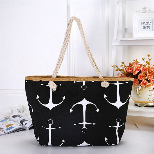 Women Large Capacity Summer Bag Hemp Rope Straw Weave Printed Anchor Canvas Bag Shopping Big Tote Beach Bag