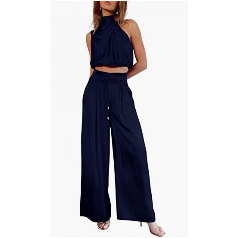 Summer Suits Casual Sleeveless Midriff-baring Top And Wide Leg Pants 2pcs Set Womens Clothing-AURA REGALIA 