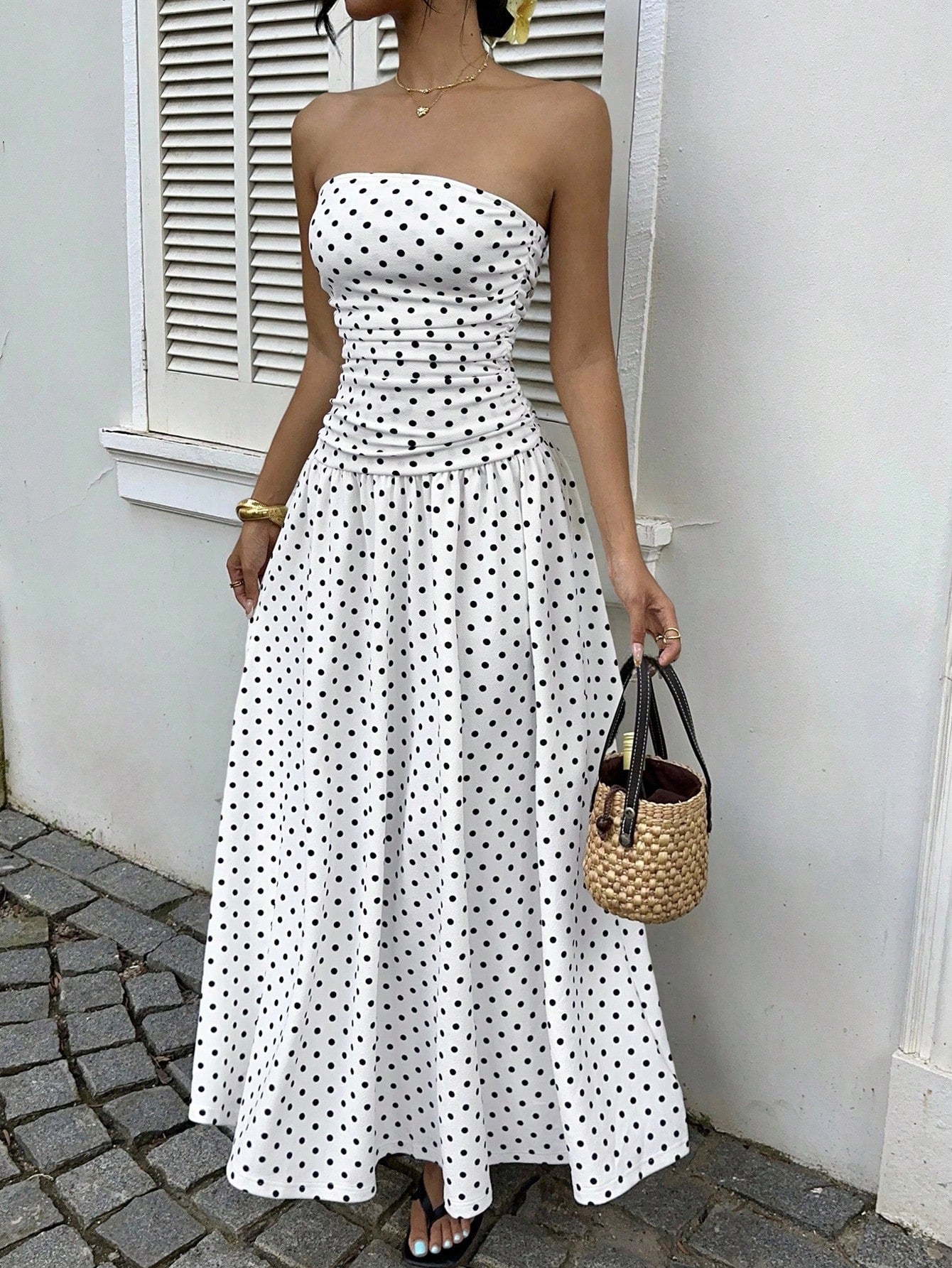 Elegant Polka-dot Off-shoulder Dresses Solid Color Strapless Lady High-waist Robe Commuting Party Business Beach Holiday Outfit-AURA REGALIA 
