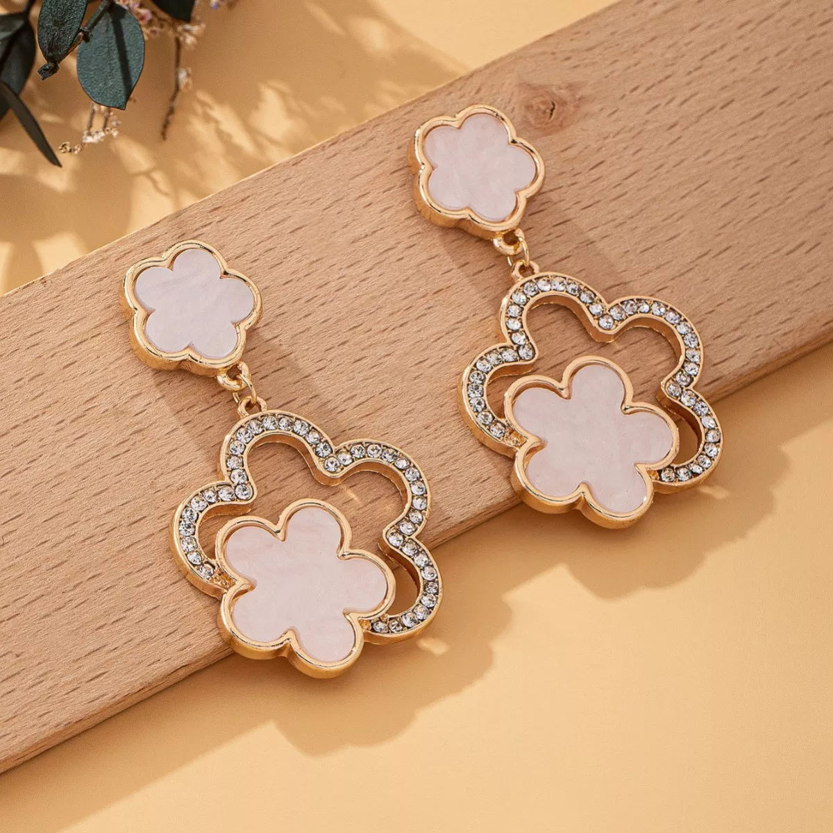 Lucky Clover Dangle Earrings with Rhinestone Accents-AURA REGALIA 