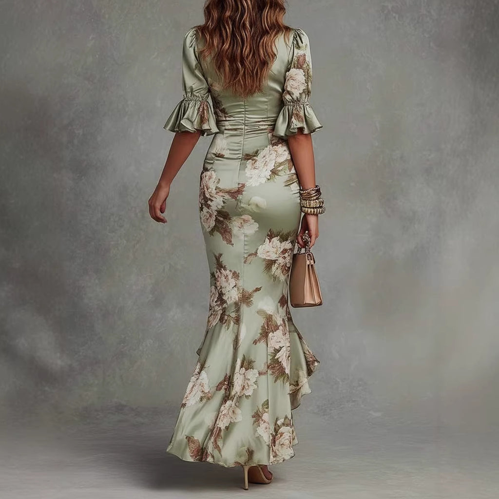 Elegant Long Dress with V-Neck, Fitted Silhouette, Floral Print and Ruffle Hem