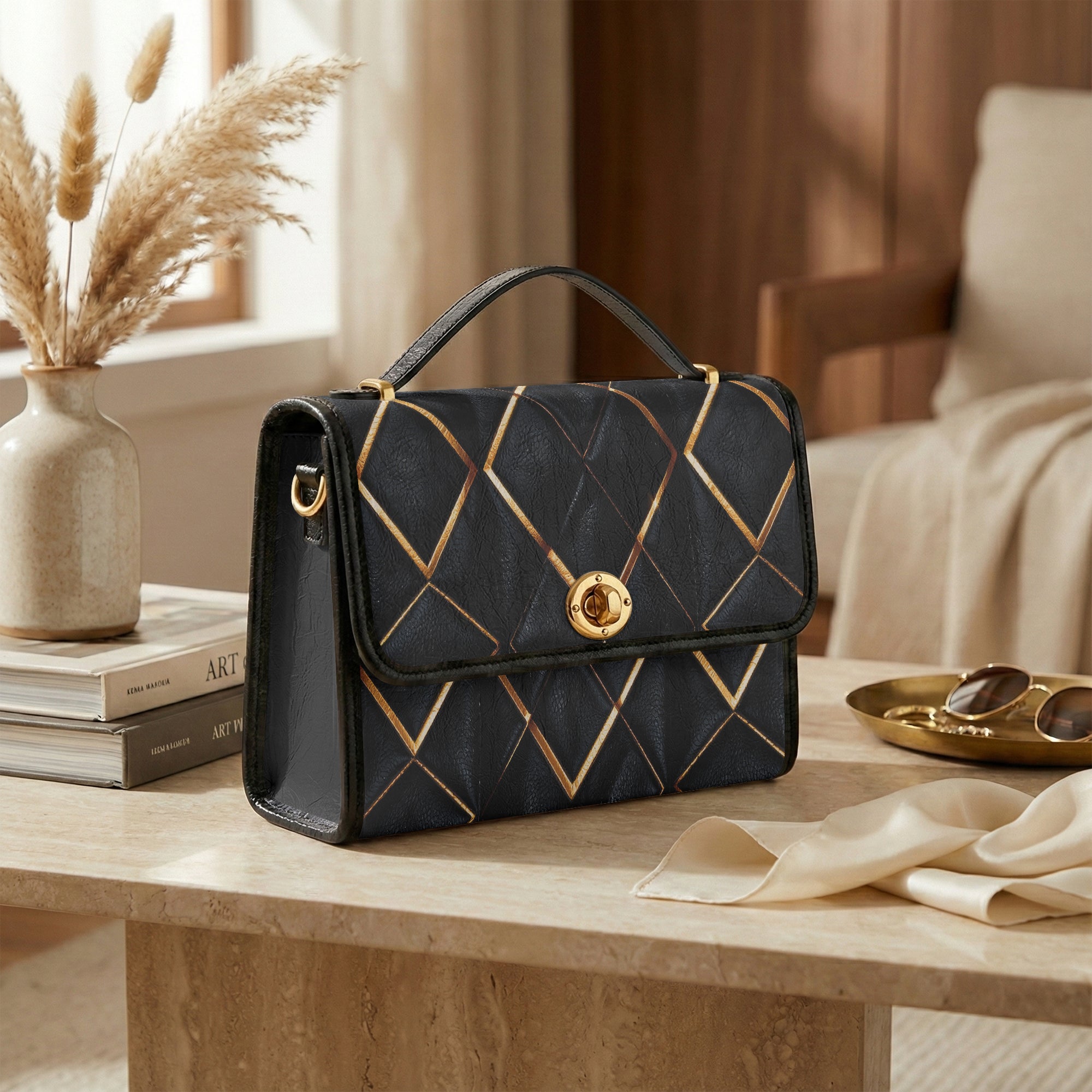 Art Deco Geometric Crossbody Bag – Black PU Leather-AURA REGALIA 