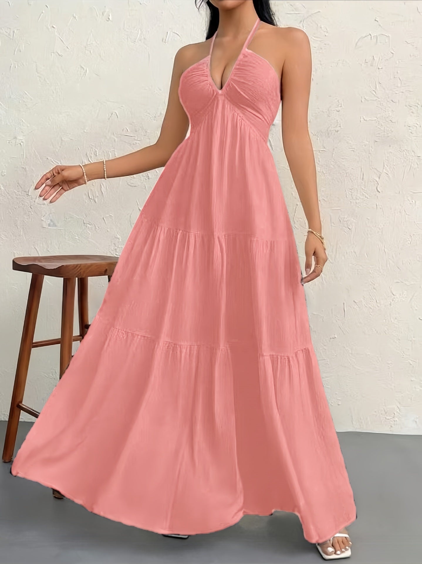 Backless Halterneck V-Neck Pleated A- Line Dress Women's Clothing One-Piece Dress Ankle-length Skirt For Beach Vacation Outfits-AURA REGALIA 