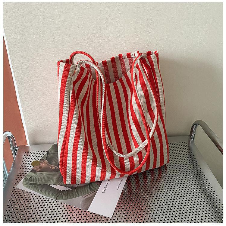 Simple Stripe Canvas Tote Bag for Women, Minimalist Ins Style, Bohemian Casual Fashion, Shopping Bag, Shoulder Handbag, Large Capacity
