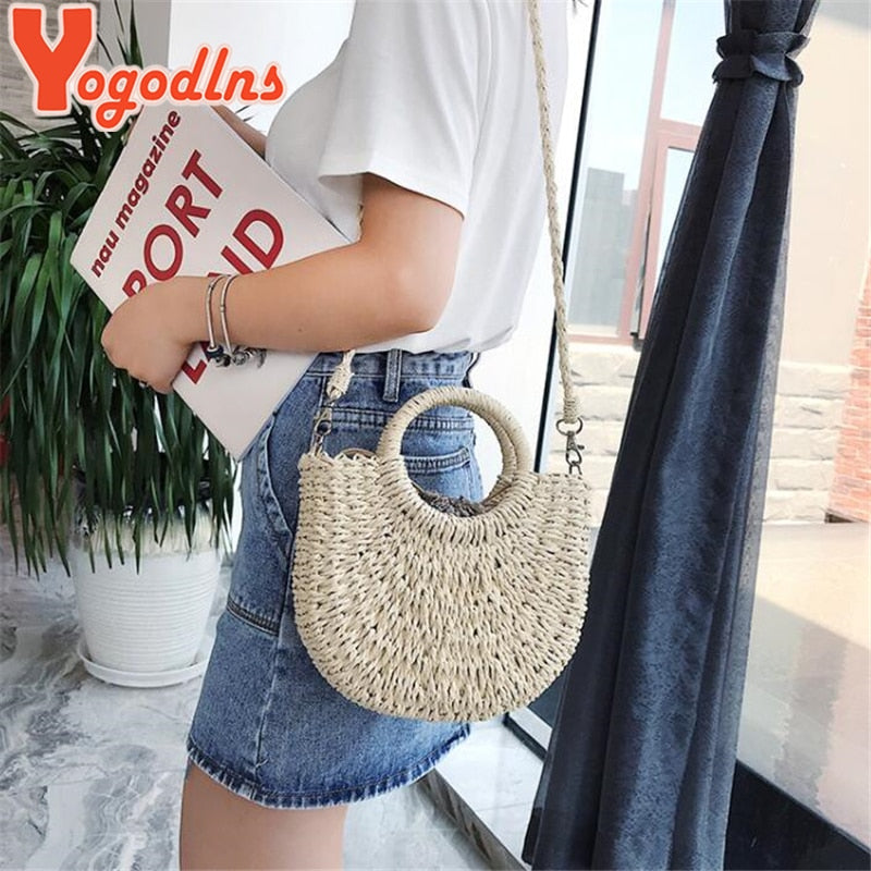 Yogodlns Handmade Half-Round Rattan Woven Straw Bag Summer Women Messenger Crossbody Bags Girls Small Beach Handbag-AURA REGALIA 