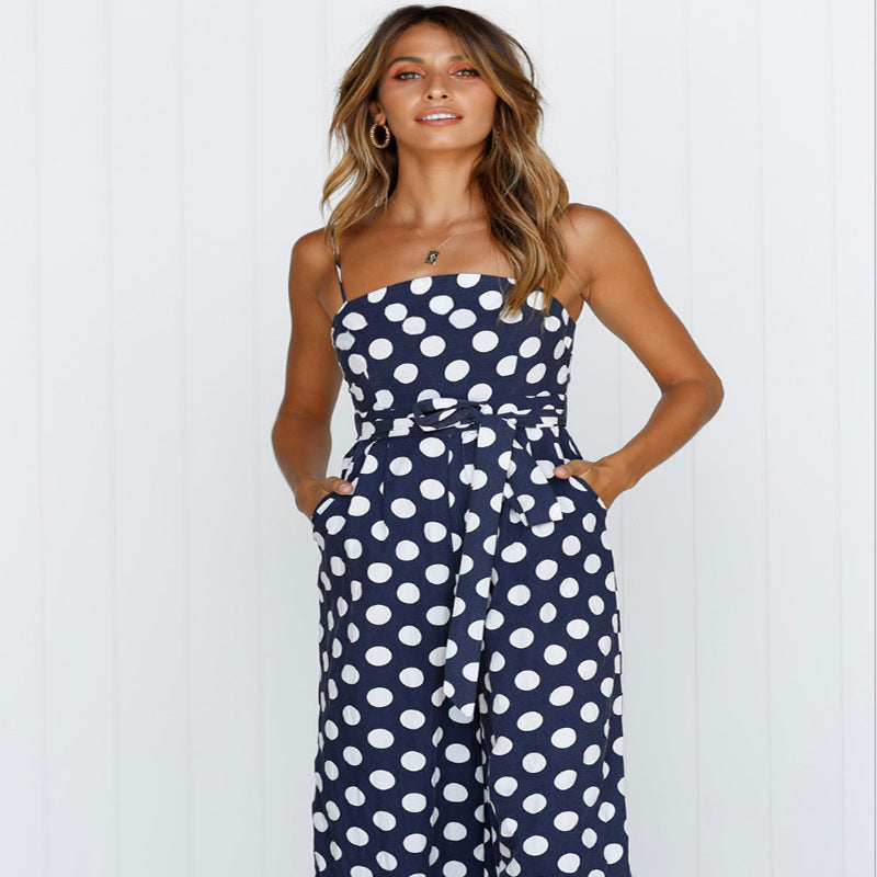 Sleeveless strapless polka dot long jumpsuit-AURA REGALIA 