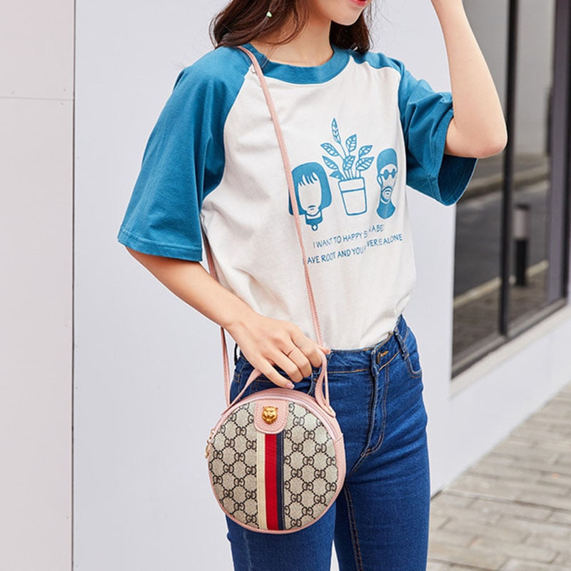 Women Shoulder Bags Tiger Head PU Leather Handbags Bags Ladies Party Fashion Round Popular Shape Printing Girls Crossbody Bag-AURA REGALIA 