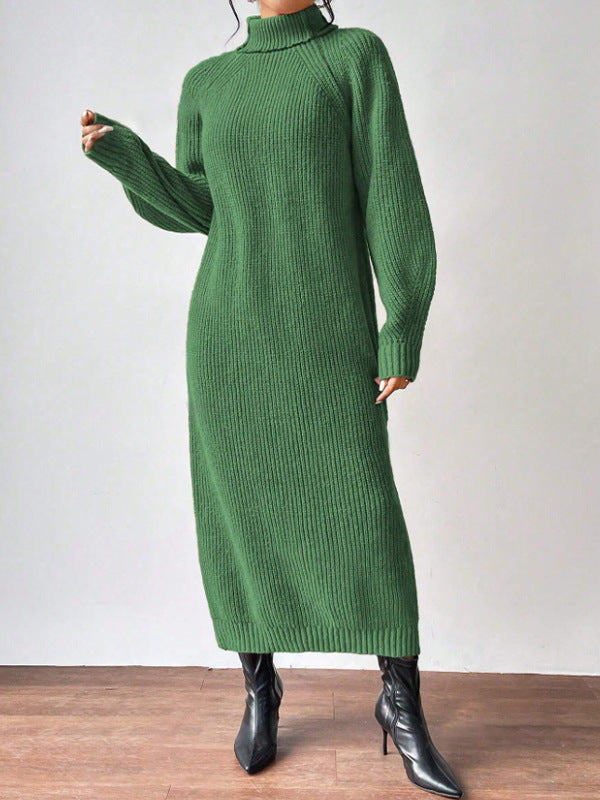 Vestido de punto a la moda para mujer, manga larga, cuello alto, cuello redondo, color liso, largo, vestido de capa interior