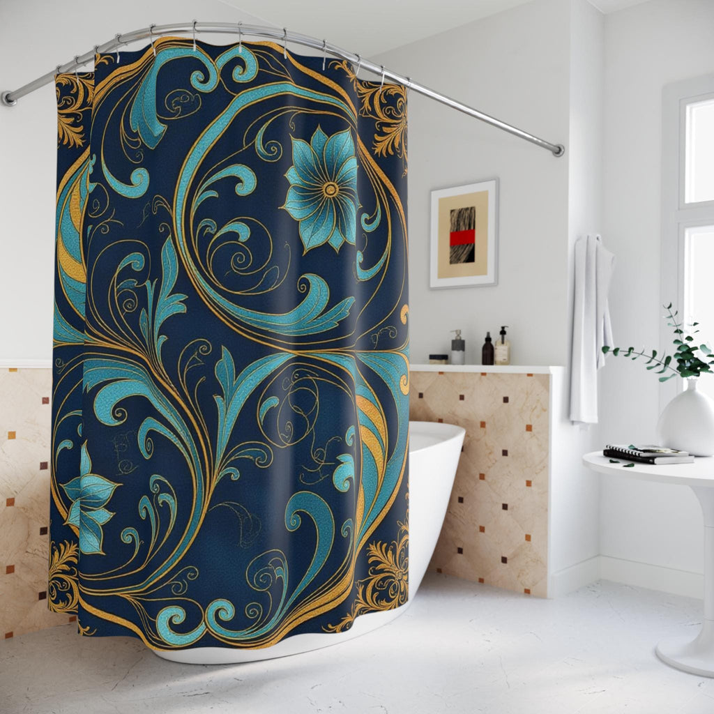 Teal Gold Floral Scroll Shower Curtain | Navy Botanical Bathroom Decor
