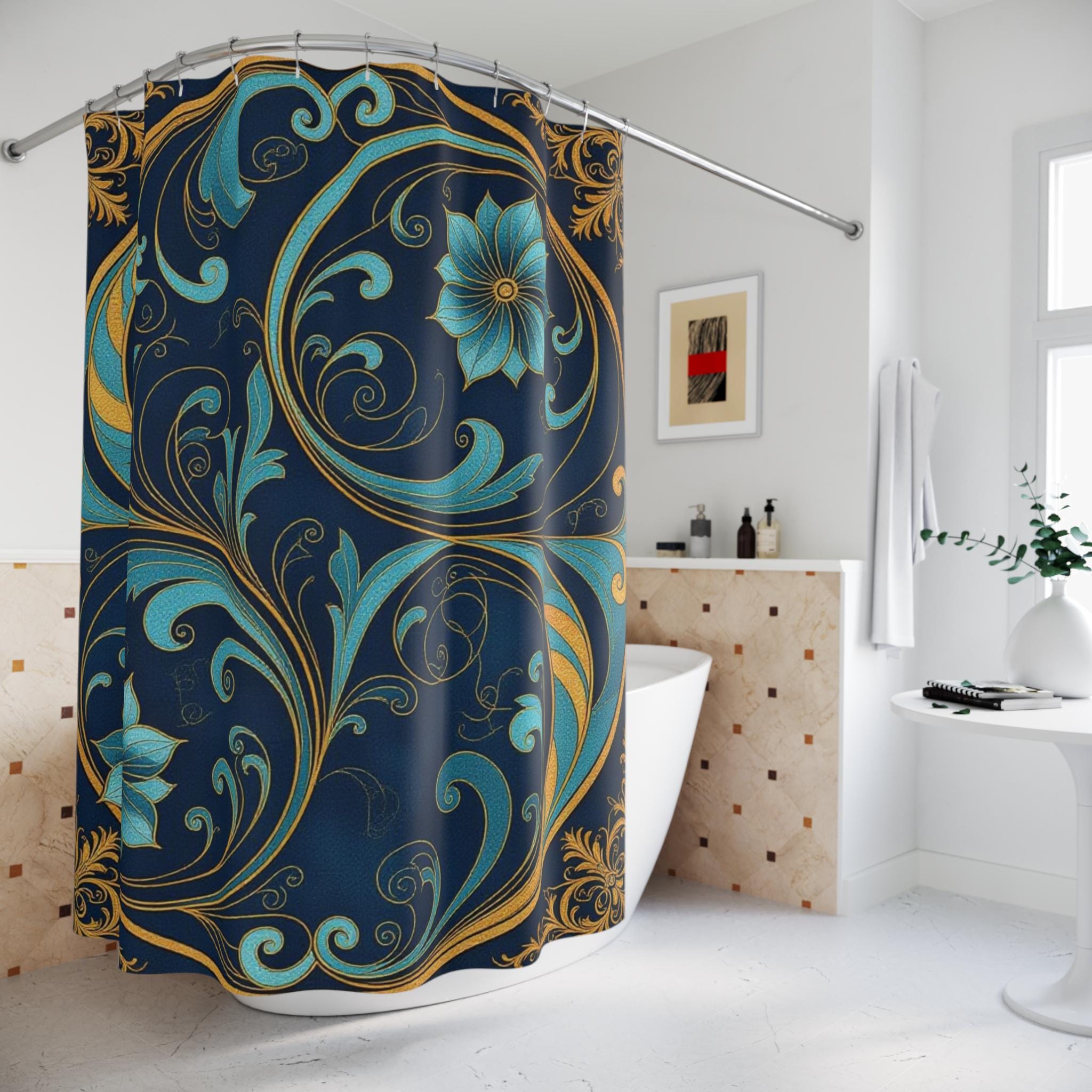 Teal Gold Floral Scroll Shower Curtain | Navy Botanical Bathroom Decor
