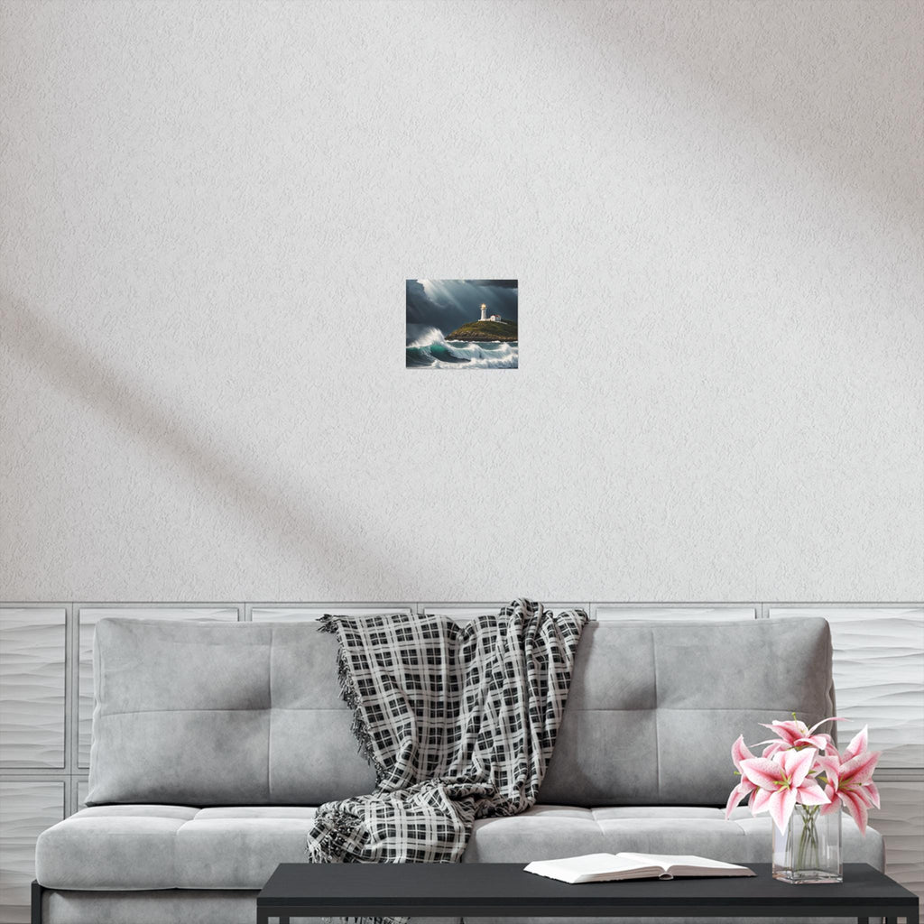 Lighthouse on Stormy Coast Poster | Ocean Waves Seascape Print