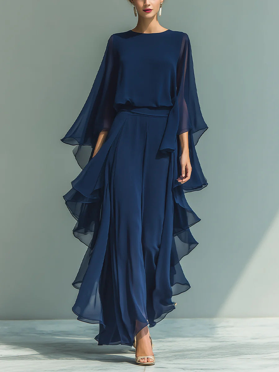 Deep Blue Ruffle Wide-Leg Pants Set for Women, Fashion Elegant Two-Piece Long Sleeve Casual Pants