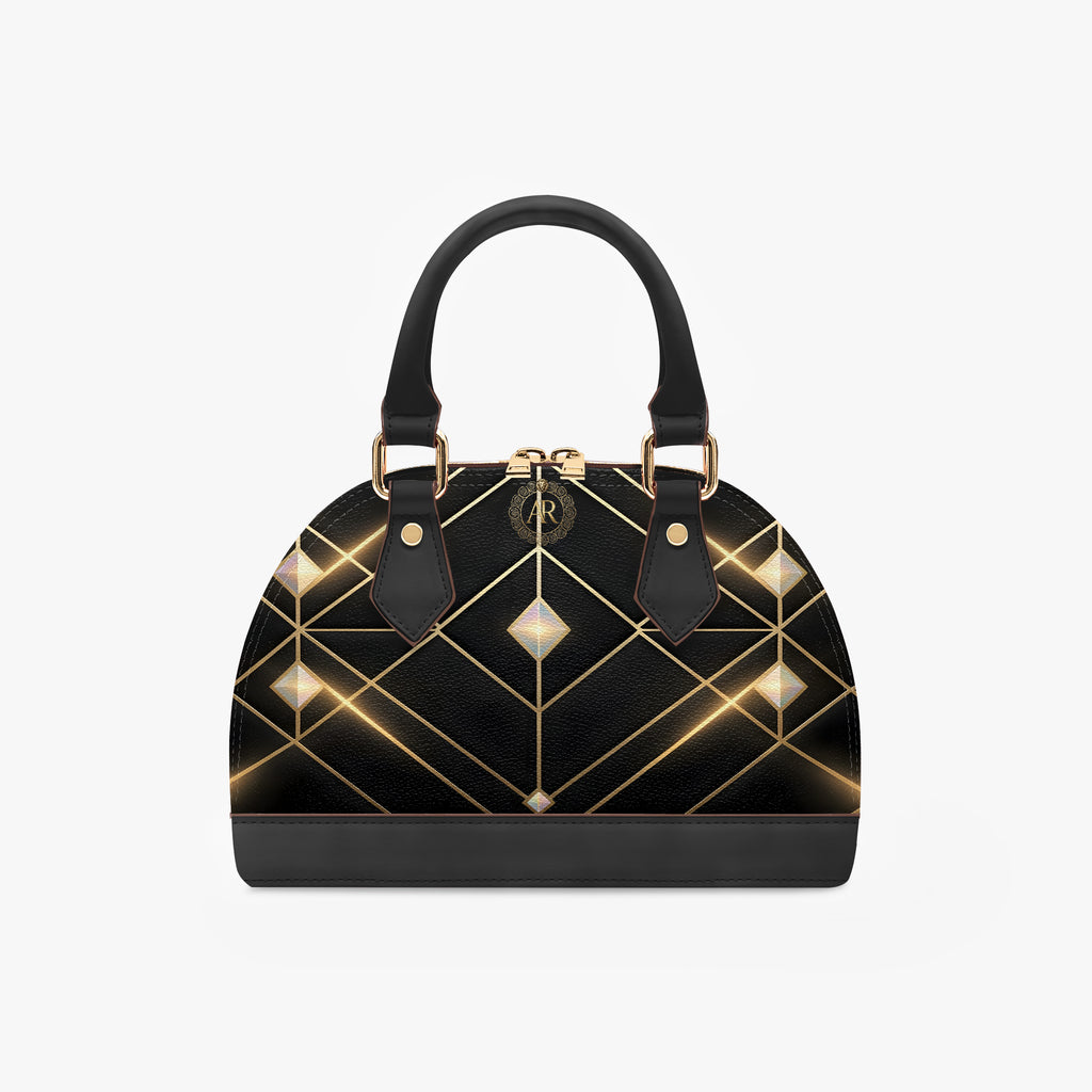 Black Art Deco Dome Handbag with Gold Geometric Design-AURA REGALIA 