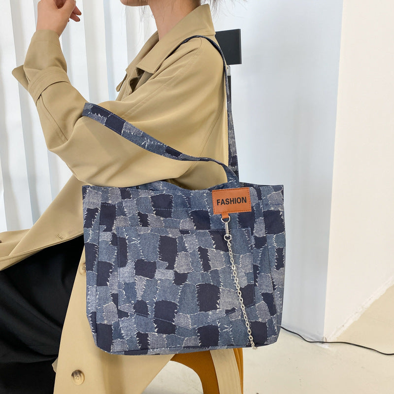 Denim Bag Women's Summer New Trendy Fashion Plaid One Shoulder Messenger Bag Large-Capacity Commuter Tote Bag