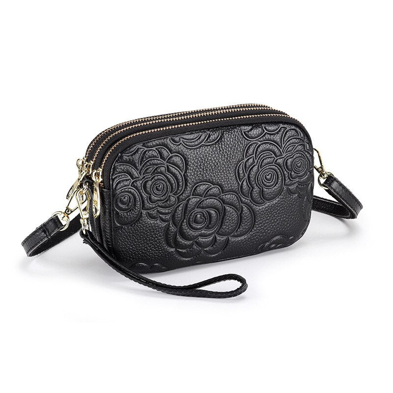 Trend Camellia Genuine Leather Messenger Bag Woman Crossbody Bag Cell Phone Bag Luxury Handbags Women Bags Designer Shoulder Bag-AURA REGALIA 