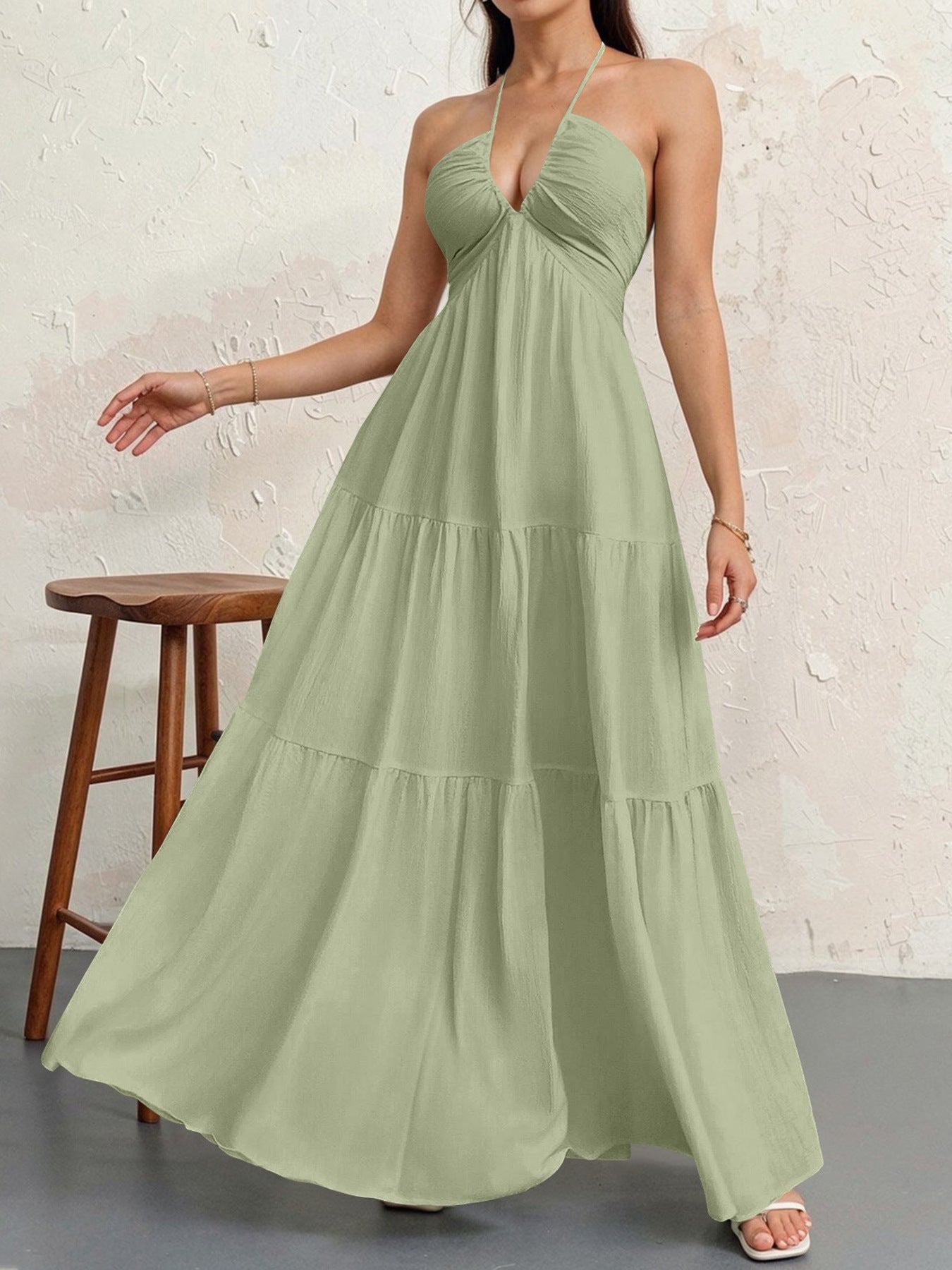 Backless Halterneck V-Neck Pleated A- Line Dress Women's Clothing One-Piece Dress Ankle-length Skirt For Beach Vacation Outfits-AURA REGALIA 
