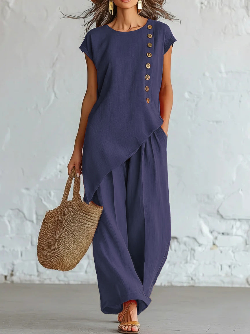 Womens Solid-Color Crew-Neck Buttoned Short-Sleeve Wide-Leg Pants Set-AURA REGALIA 