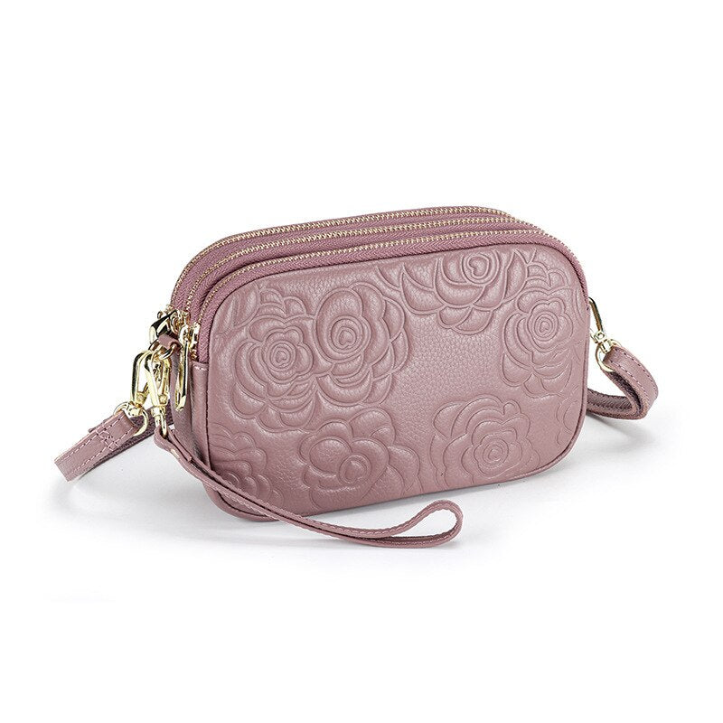 Trend Camellia Genuine Leather Messenger Bag Woman Crossbody Bag Cell Phone Bag Luxury Handbags Women Bags Designer Shoulder Bag-AURA REGALIA 