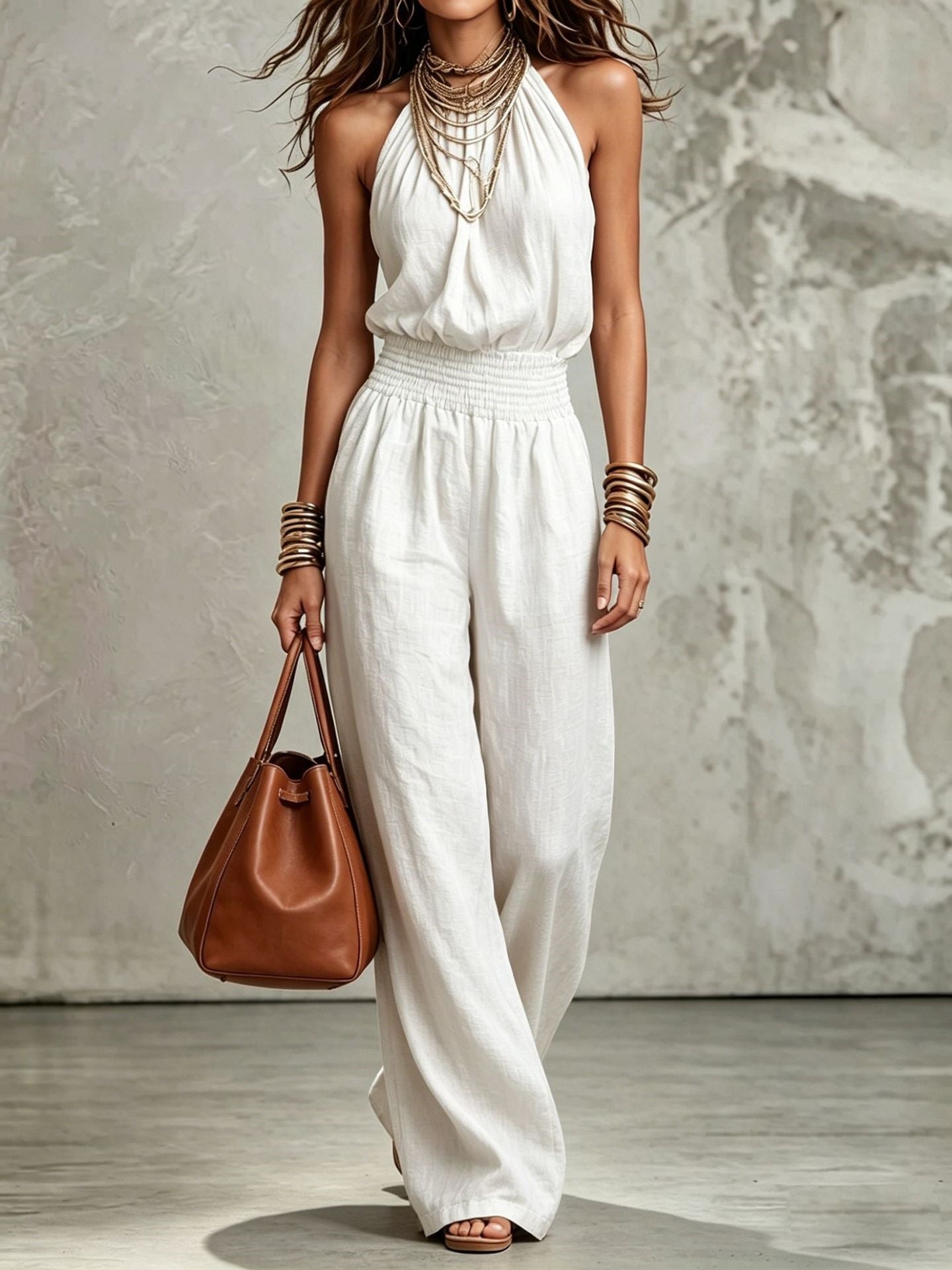 Womens Sleeveless Backless Cinched Waist Lace-up Halter Wide-leg Jumpsuit-AURA REGALIA 