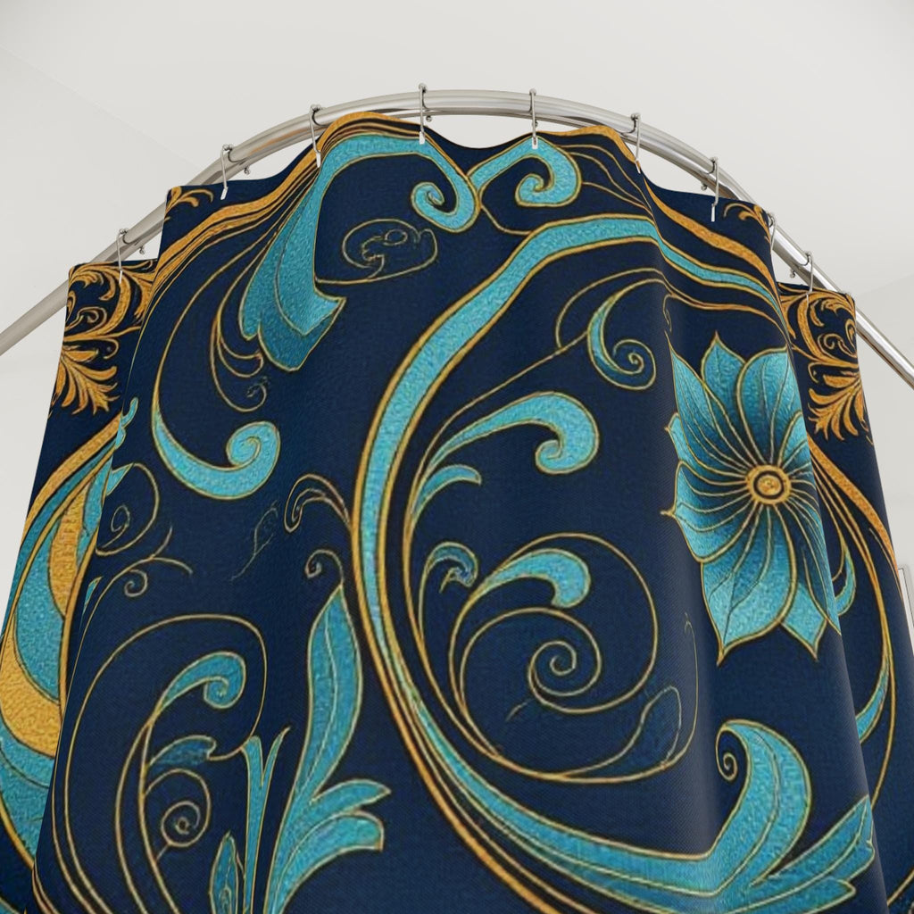 Teal Gold Floral Scroll Shower Curtain | Navy Botanical Bathroom Decor