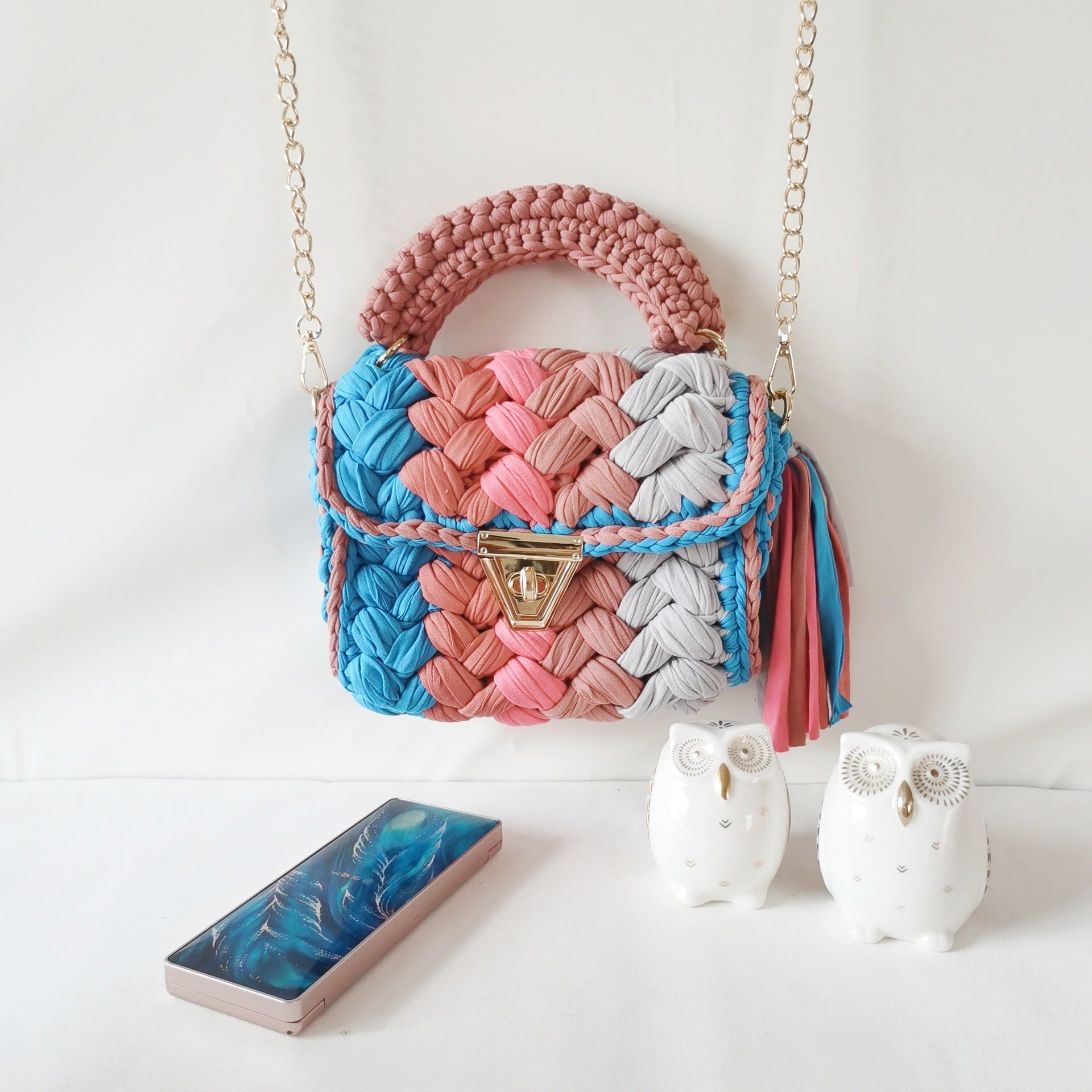HyunA same style finished hand-woven cloth bag women's crossbody bag chain