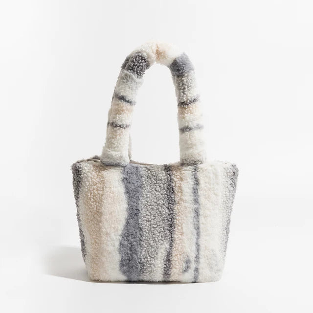 Bohemian Printed Faux Fur Tote Handbag for Women Hasp Plush Square Shopper Purse Trend Elegant Ladies Daily Bag