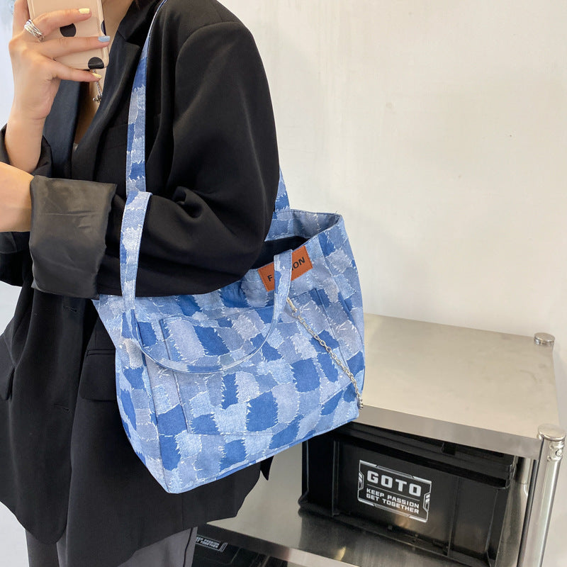 Denim Bag Women's Summer New Trendy Fashion Plaid One Shoulder Messenger Bag Large-Capacity Commuter Tote Bag