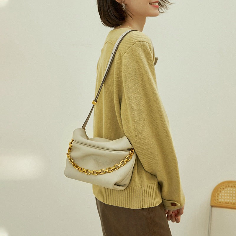 Leather Pleated Cloud Bag New Trendy Fashion Chain Dumpling Bag Shoulder Cowhide Messenger Bag Small Bag for Women-AURA REGALIA 