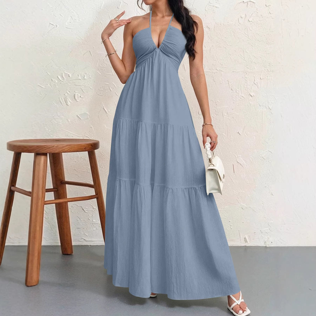 Backless Halterneck V-Neck Pleated A- Line Dress Women's Clothing One-Piece Dress Ankle-length Skirt For Beach Vacation Outfits-AURA REGALIA 