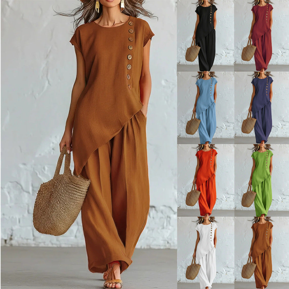 Womens Solid-Color Crew-Neck Buttoned Short-Sleeve Wide-Leg Pants Set-AURA REGALIA 