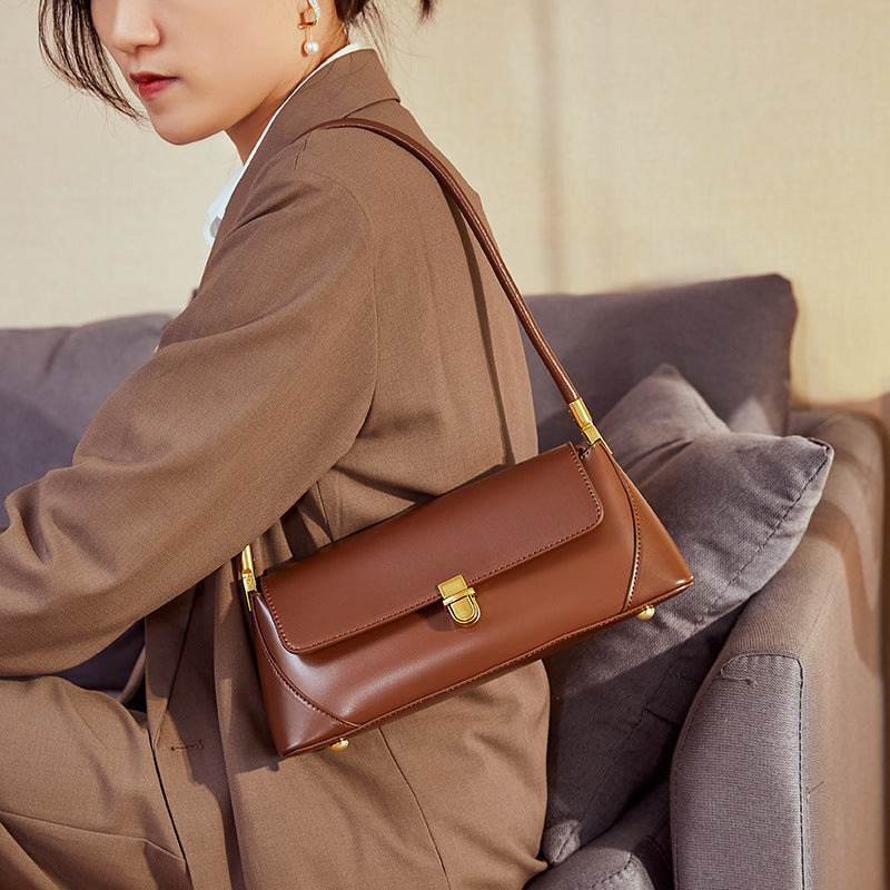 Small French baguette bag women's genuine leather net celebrity underarm bag summer French shoulder bag genuine leather women's bag-AURA REGALIA 