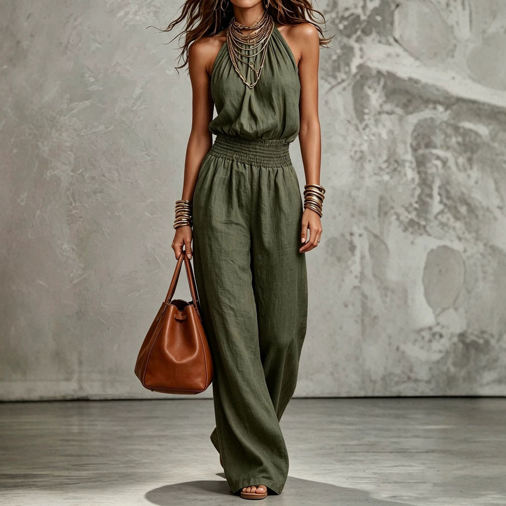 Womens Sleeveless Backless Cinched Waist Lace-up Halter Wide-leg Jumpsuit-AURA REGALIA 