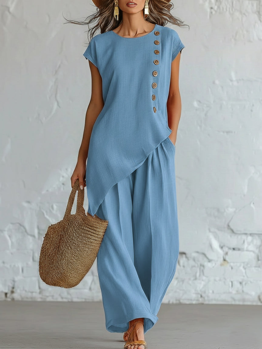 Womens Solid-Color Crew-Neck Buttoned Short-Sleeve Wide-Leg Pants Set-AURA REGALIA 
