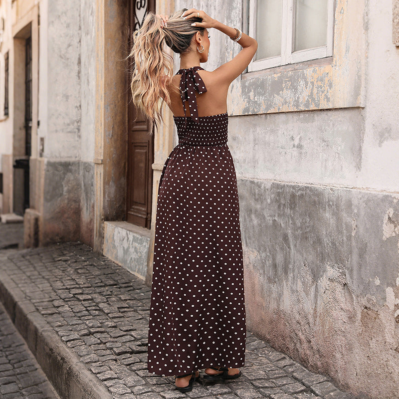 Casual Dot Slim V-neck Long Dresses For Women 2026 Fashion Summer Women's A-Line Midi Dress Elegant Vintage Dresses-AURA REGALIA 
