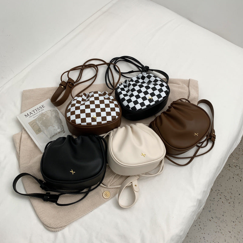Small Round Bag Women's Bag New Fashion All-Match Drawstring Shoulder Bag Simple Western Style Bag Solid Color Messenger Bag-AURA REGALIA 