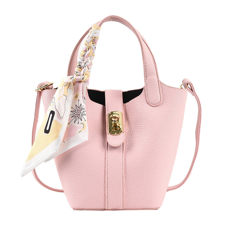 Women's Bag New Lychee Pattern Shoulder Bag Silk Scarf Shoulder Bag Female Small Fresh Messenger Bag Lock Buckle Bucket Bag-AURA REGALIA 