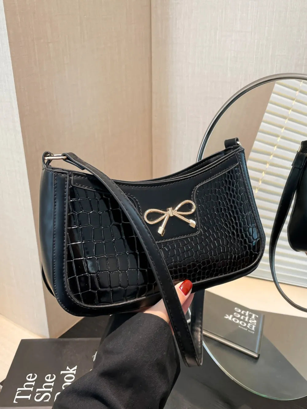 Bow PU Leather Shoulder Bag-AURA REGALIA 