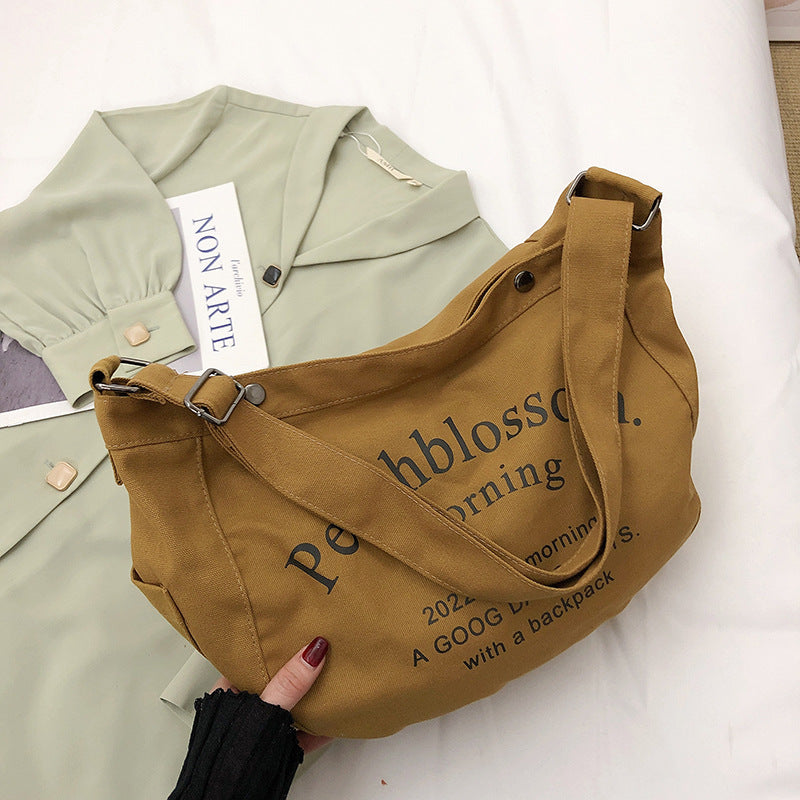 Letter Canvas Bag Girls New Trendy Fashion All-Match Tote Bag Student Class Large Capacity Messenger Bag