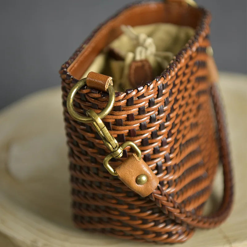 Women's Crossbody Bag Genuine Leather Literature and Art Chinese Style Small Square Bag Retro Handwoven Personalized Women's Bag