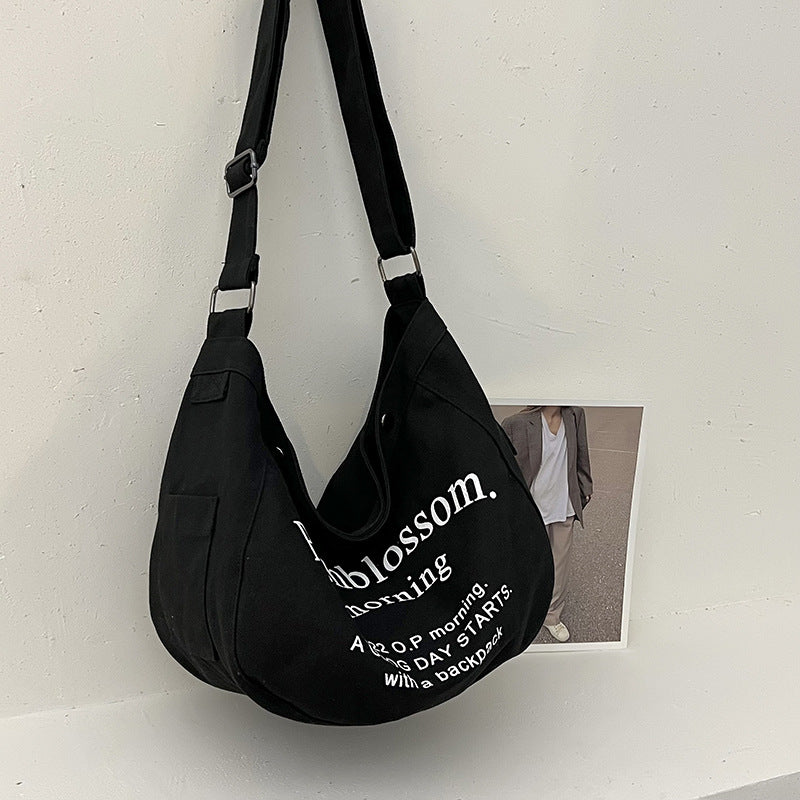 Letter Canvas Bag Female New Trendy Fashion All-Match Tote Bag Student Class Large Capacity Messenger Bag