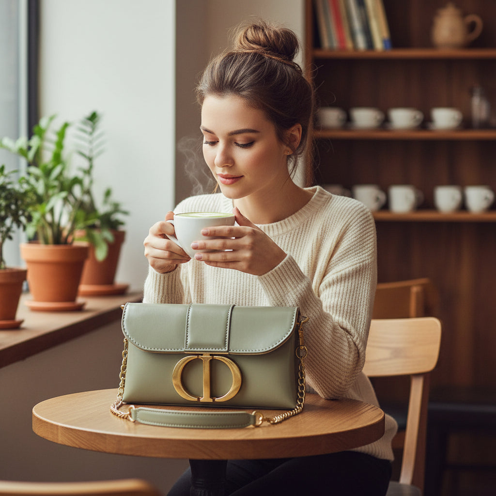 Woman holding a steaming cup of matcha with a green handbag on a table in a cozy cafe.
