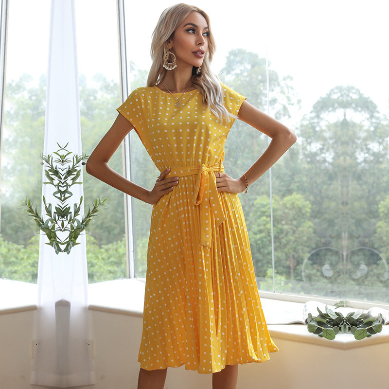 Summer Women Polka Dot Short Sleeve Dress Casual Bandage Party Pleated Midi Dresses Elegant Green Office Lady Clothing-AURA REGALIA 